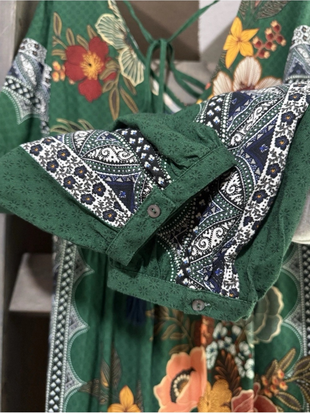 Farm Rio Anthropologie Verdor Maxi Dress Floral Long Sleeve Emerald Green M new - Picture 11 of 13